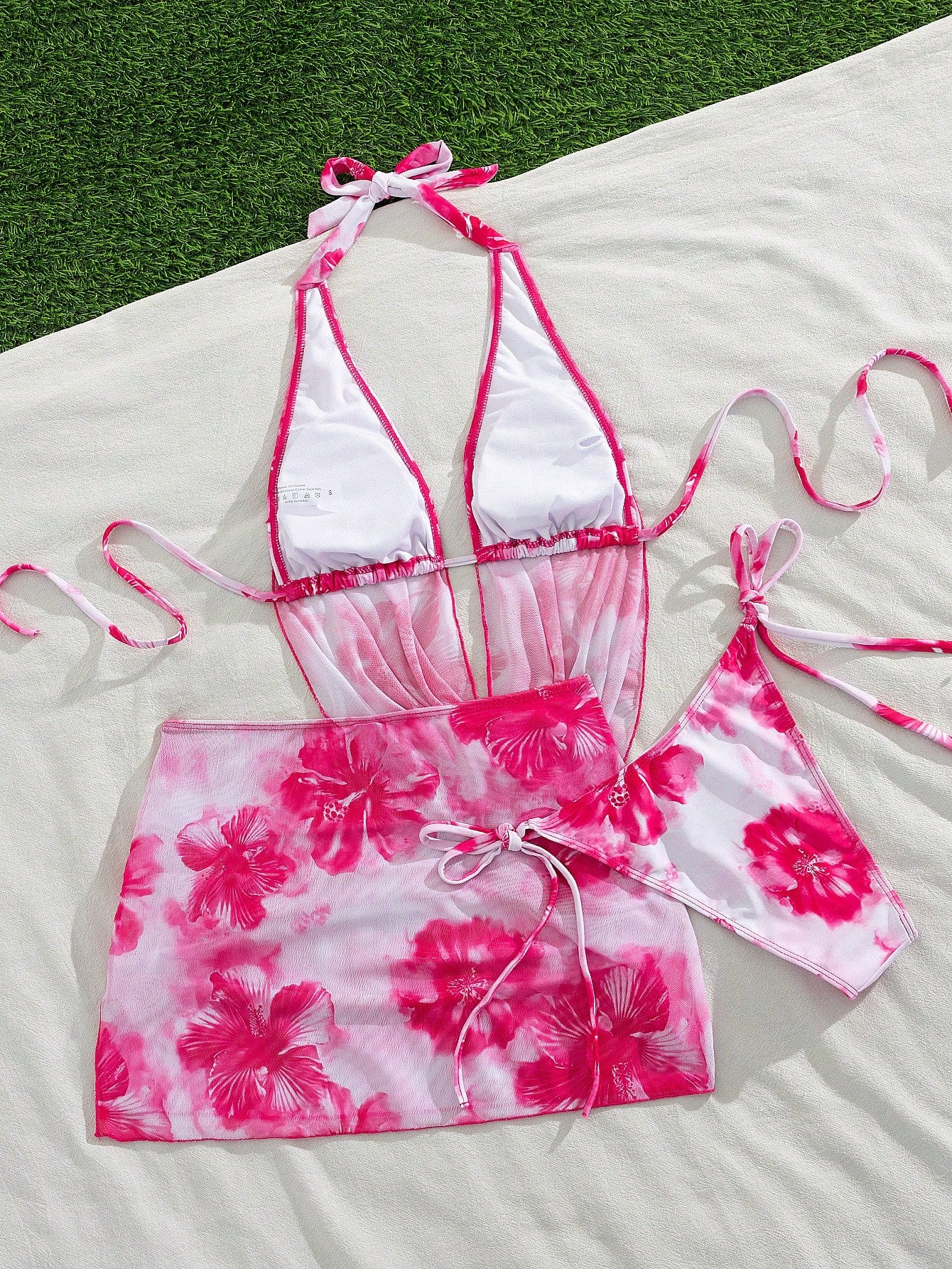 Swim Vcay 3pcs/Set Sexy Tropical Floral Draped Neck Backless Drawstring Triangle Bikini Swimwear Ruffle Slit Mini Skirt, Summer Vacation Beach Vacation Pink