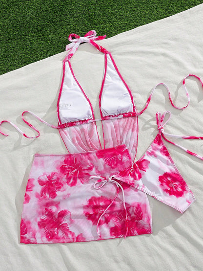 Swim Vcay 3pcs/Set Sexy Tropical Floral Draped Neck Backless Drawstring Triangle Bikini Swimwear Ruffle Slit Mini Skirt, Summer Vacation Beach Vacation Pink