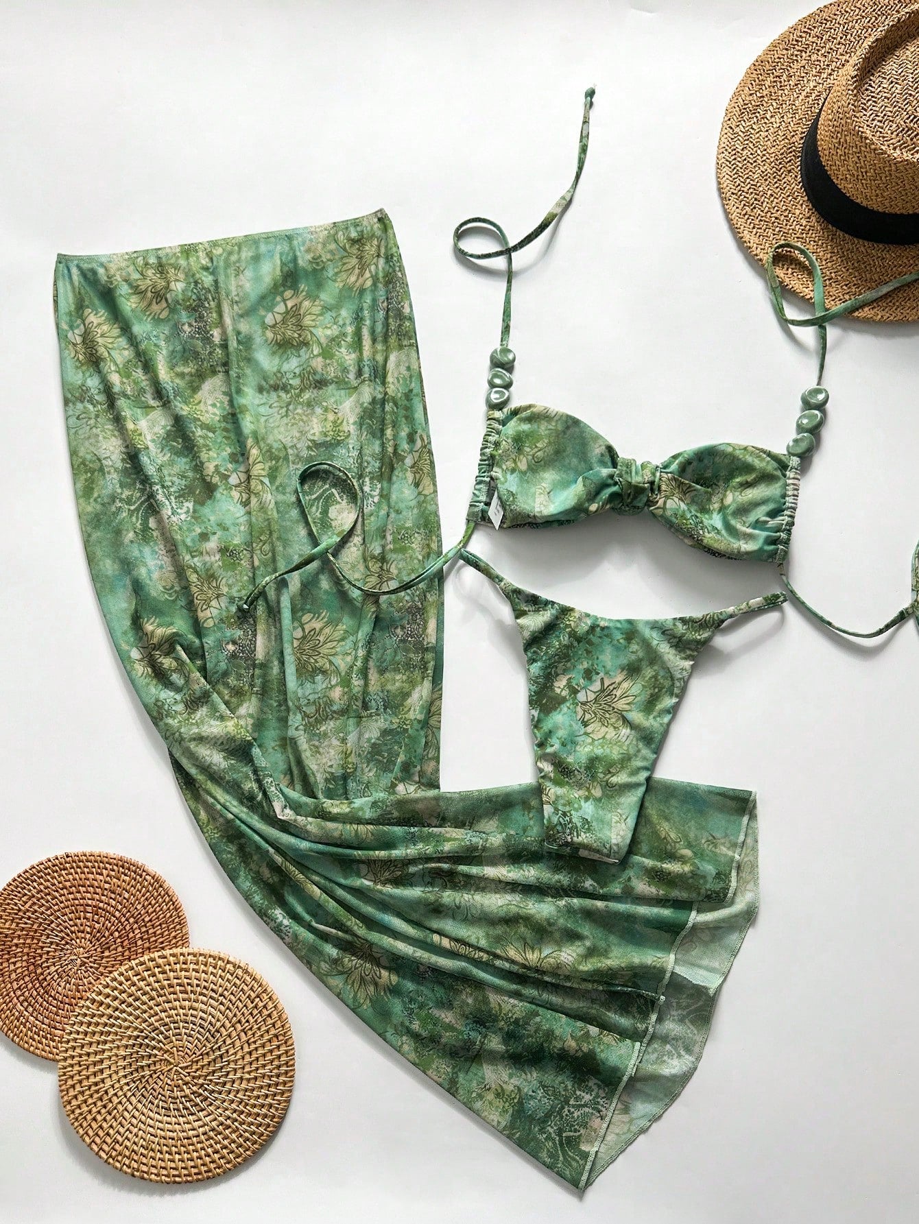 Swim Vcay 3pcs/Set Women's Random Print Halter Maxi Dress & Bikini Set, Spring/Summer