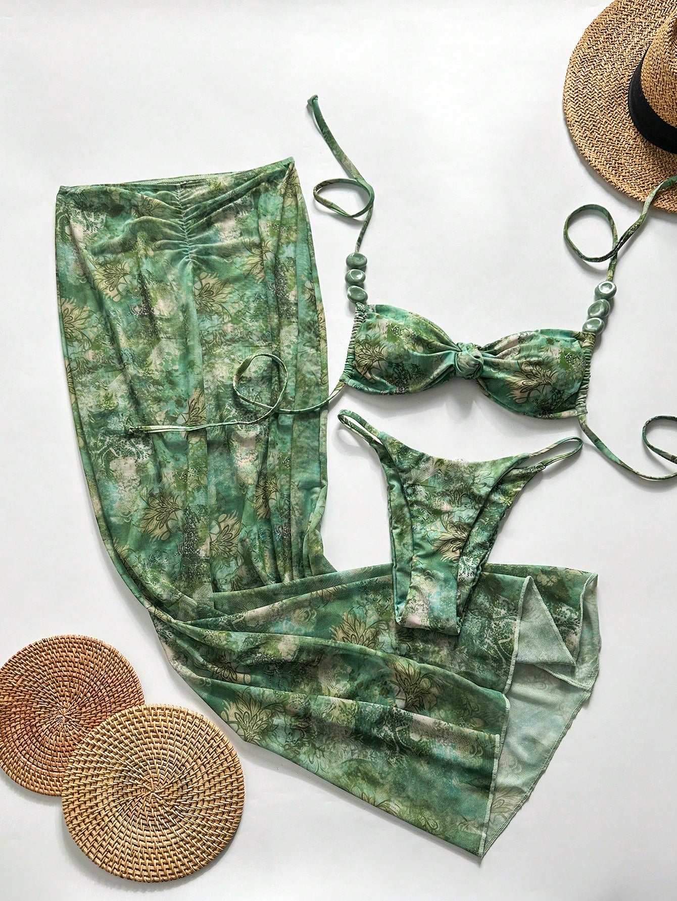 Swim Vcay 3pcs/Set Women's Random Print Halter Maxi Dress & Bikini Set, Spring/Summer