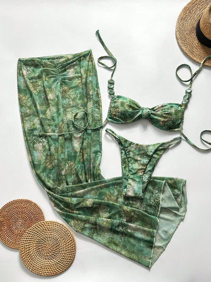 Swim Vcay 3pcs/Set Women's Random Print Halter Maxi Dress & Bikini Set, Spring/Summer