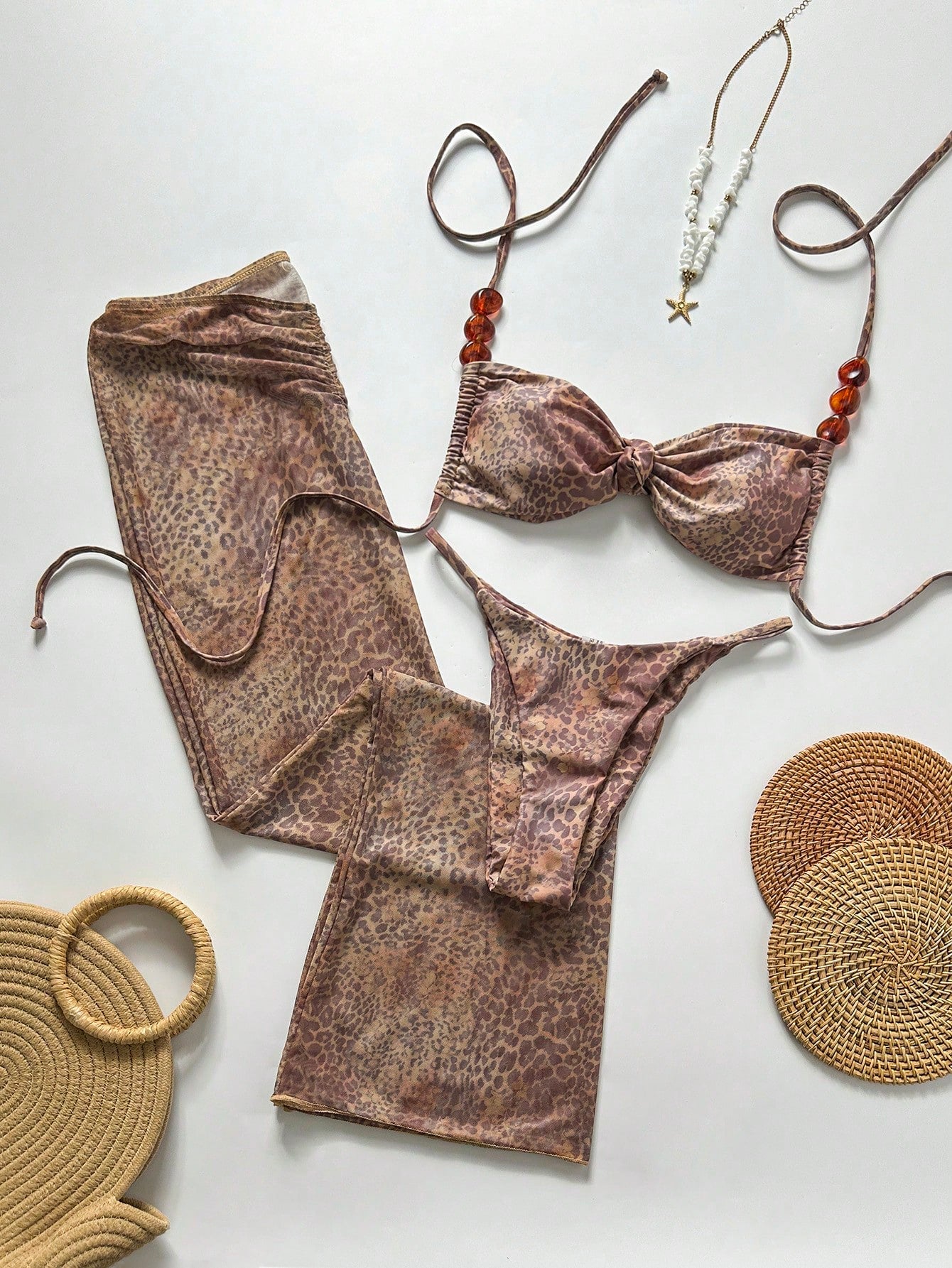 Swim Vcay 3pcs/Set Women's Random Print Halter Maxi Dress & Bikini Set, Spring/Summer