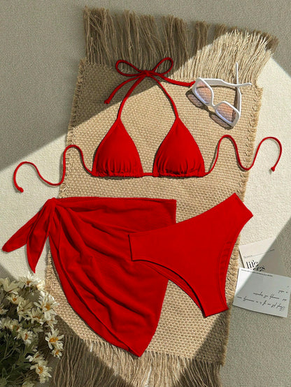 Swim Vcay 3pcs Women Holiday Red Summer Elegant Flowy Beach Holiday Holiday Solid Color Halter Bikini Swimwear Set,Bathing Suit Set For Spring Vacation