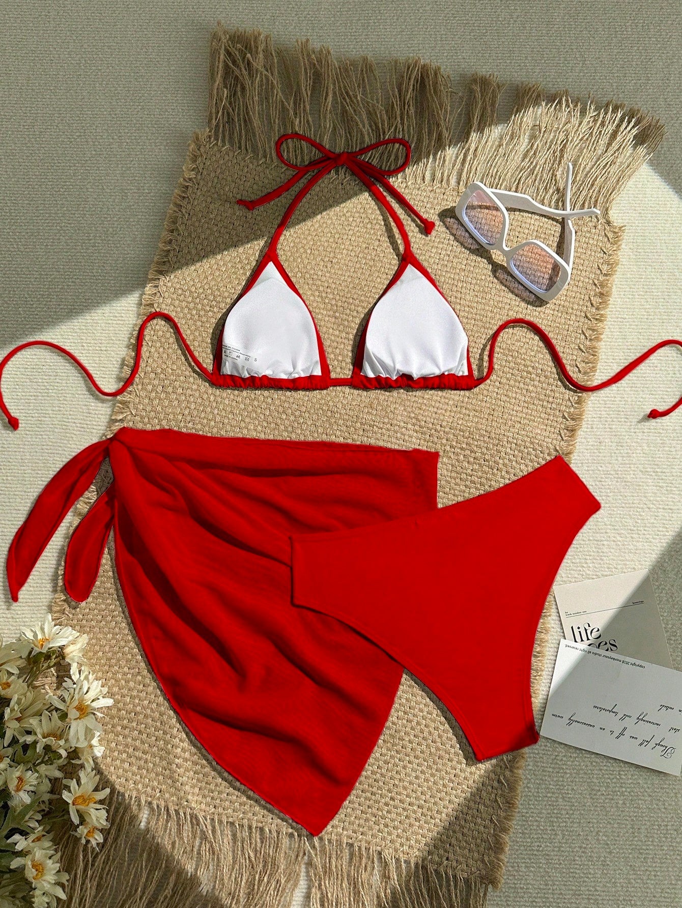 Swim Vcay 3pcs Women Holiday Red Summer Elegant Flowy Beach Holiday Holiday Solid Color Halter Bikini Swimwear Set,Bathing Suit Set For Spring Vacation