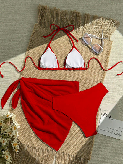 Swim Vcay 3pcs Women Holiday Red Summer Elegant Flowy Beach Holiday Holiday Solid Color Halter Bikini Swimwear Set,Bathing Suit Set For Spring Vacation