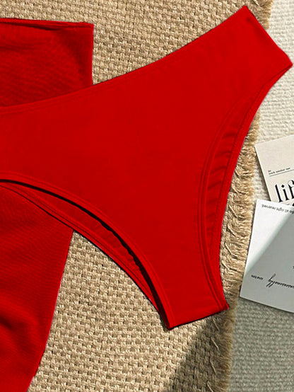 Swim Vcay 3pcs Women Holiday Red Summer Elegant Flowy Beach Holiday Holiday Solid Color Halter Bikini Swimwear Set,Bathing Suit Set For Spring Vacation