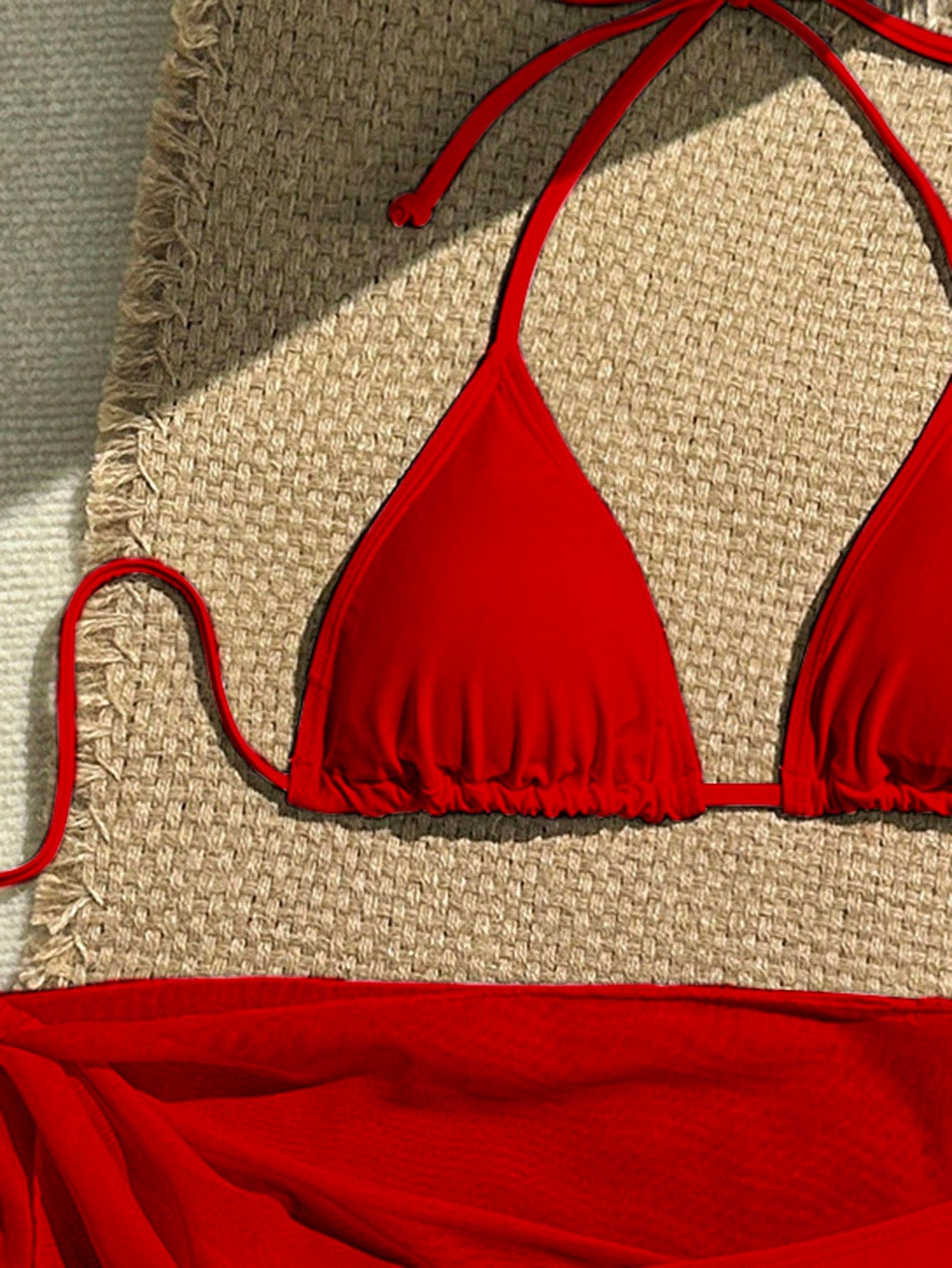 Swim Vcay 3pcs Women Holiday Red Summer Elegant Flowy Beach Holiday Holiday Solid Color Halter Bikini Swimwear Set,Bathing Suit Set For Spring Vacation