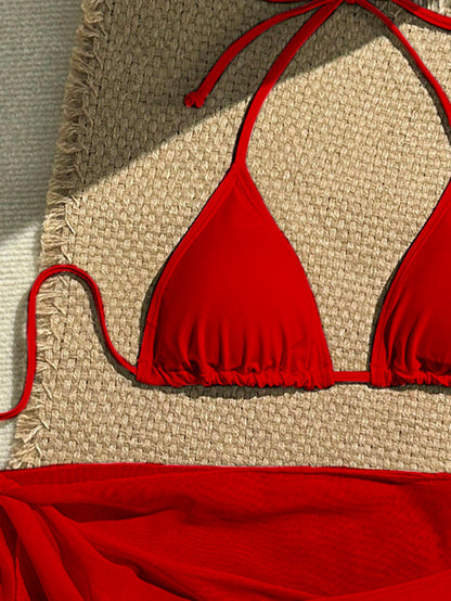 Swim Vcay 3pcs Women Holiday Red Summer Elegant Flowy Beach Holiday Holiday Solid Color Halter Bikini Swimwear Set,Bathing Suit Set For Spring Vacation