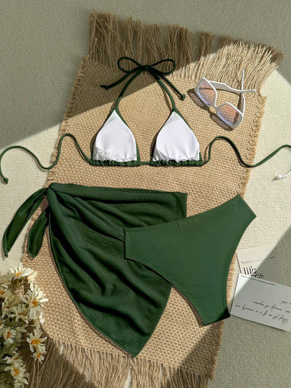Swim Vcay 3pcs Women Holiday Red Summer Elegant Flowy Beach Holiday Holiday Solid Color Halter Bikini Swimwear Set,Bathing Suit Set For Spring Vacation