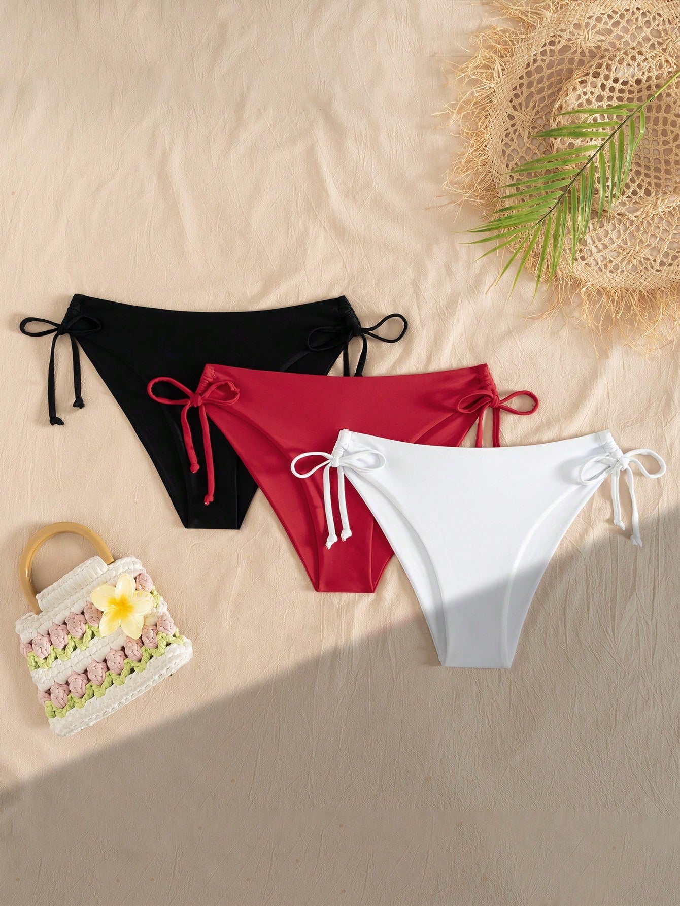 Swim Vcay 3pcs Women's Multicolor Bikini Bottom With Tie,Weddings & Events, Bikini Drawstring, Bathing Suit Bottoms, Solid Color Bikini,Valentine's Day