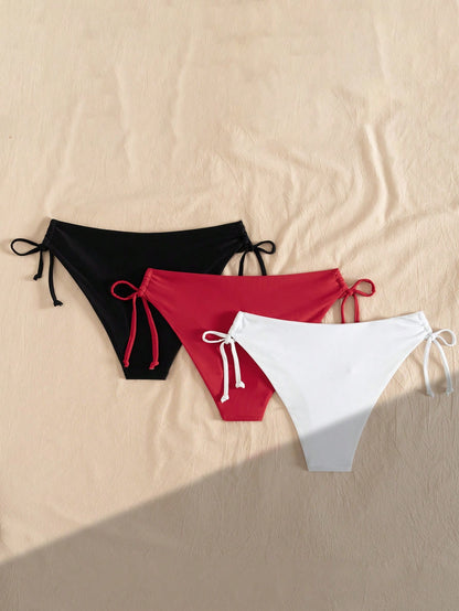 Swim Vcay 3pcs Women's Multicolor Bikini Bottom With Tie,Weddings & Events, Bikini Drawstring, Bathing Suit Bottoms, Solid Color Bikini,Valentine's Day