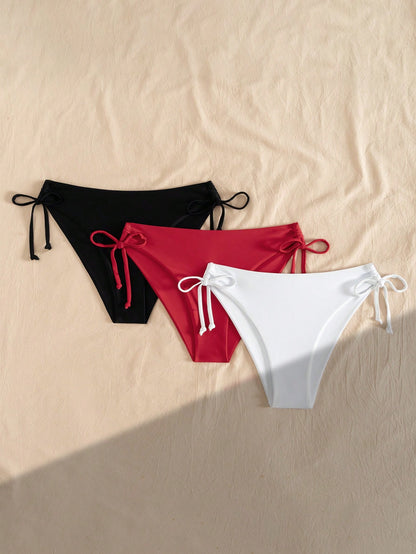 Swim Vcay 3pcs Women's Multicolor Bikini Bottom With Tie,Weddings & Events, Bikini Drawstring, Bathing Suit Bottoms, Solid Color Bikini,Valentine's Day