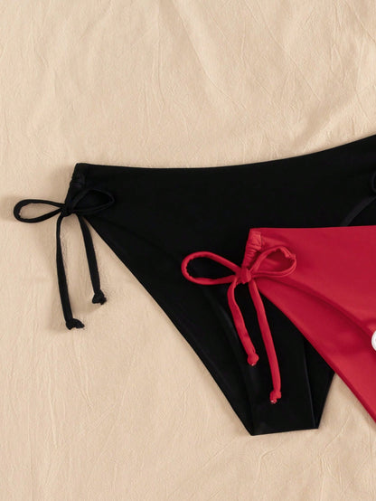 Swim Vcay 3pcs Women's Multicolor Bikini Bottom With Tie,Weddings & Events, Bikini Drawstring, Bathing Suit Bottoms, Solid Color Bikini,Valentine's Day