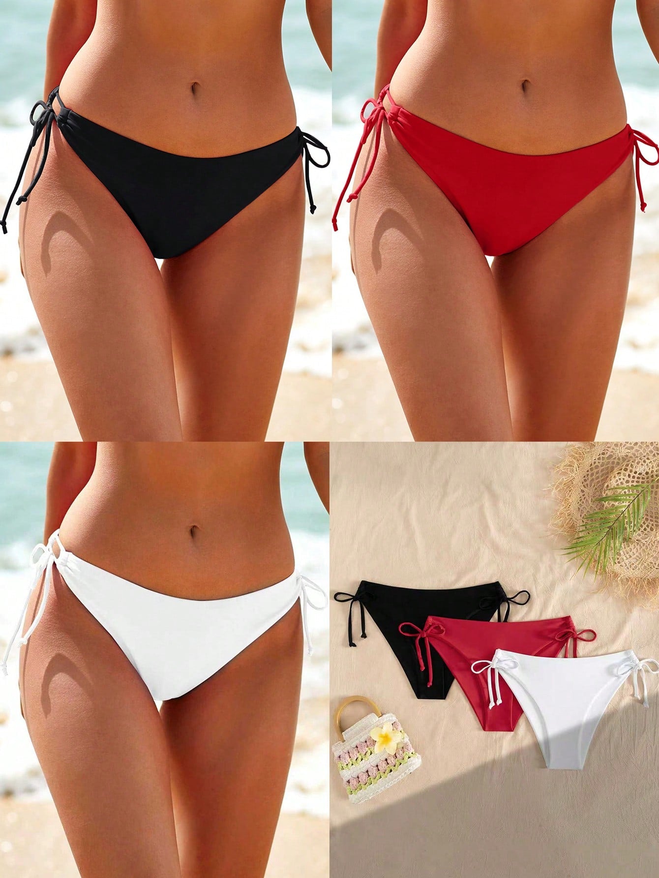 Swim Vcay 3pcs Women's Multicolor Bikini Bottom With Tie,Weddings & Events, Bikini Drawstring, Bathing Suit Bottoms, Solid Color Bikini,Valentine's Day