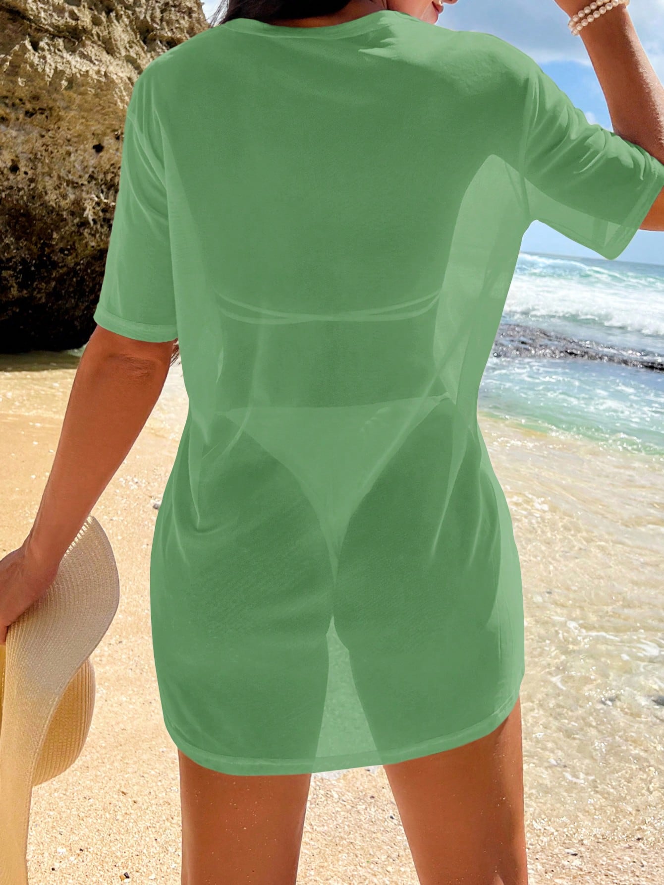 Swim Vcay Beach Dresses For Women Women's Solid Color Round Neck Casual Holiday Short Sleeve Shrug Summer
