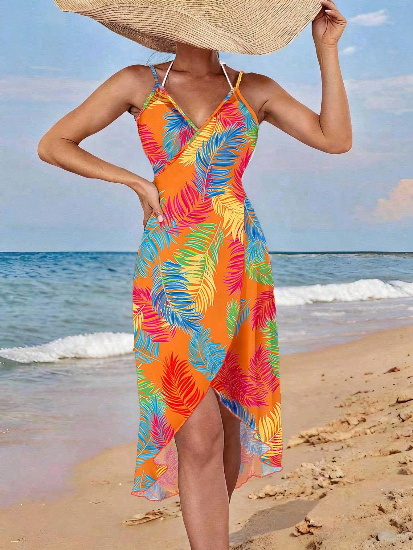 Swim Vcay Beach Dresses For Women Women's Tropical Plants Print Beach Cover Up Summer, Carnival