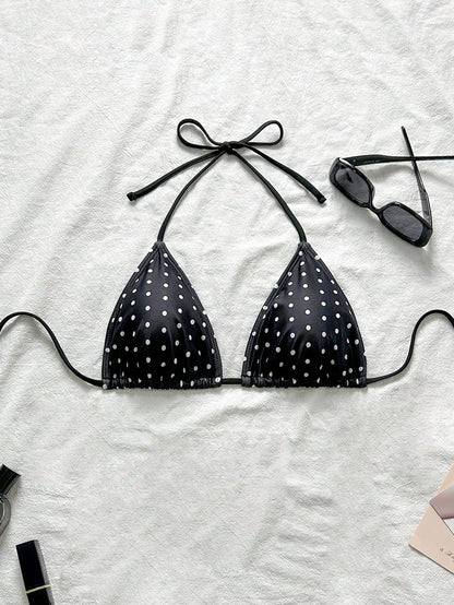 Swim Vcay Black & White Polka Dot Sexy Women's Halter Bikini Top For Summer Beach Vacation