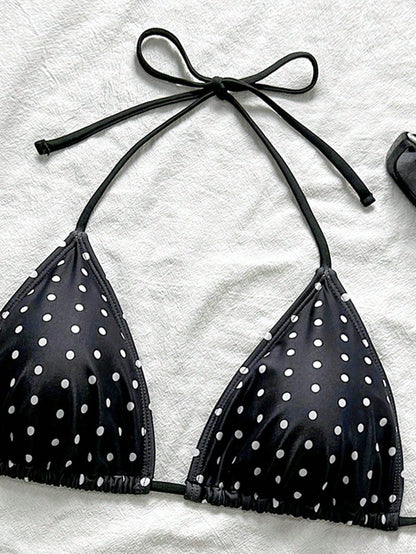 Swim Vcay Black & White Polka Dot Sexy Women's Halter Bikini Top For Summer Beach Vacation
