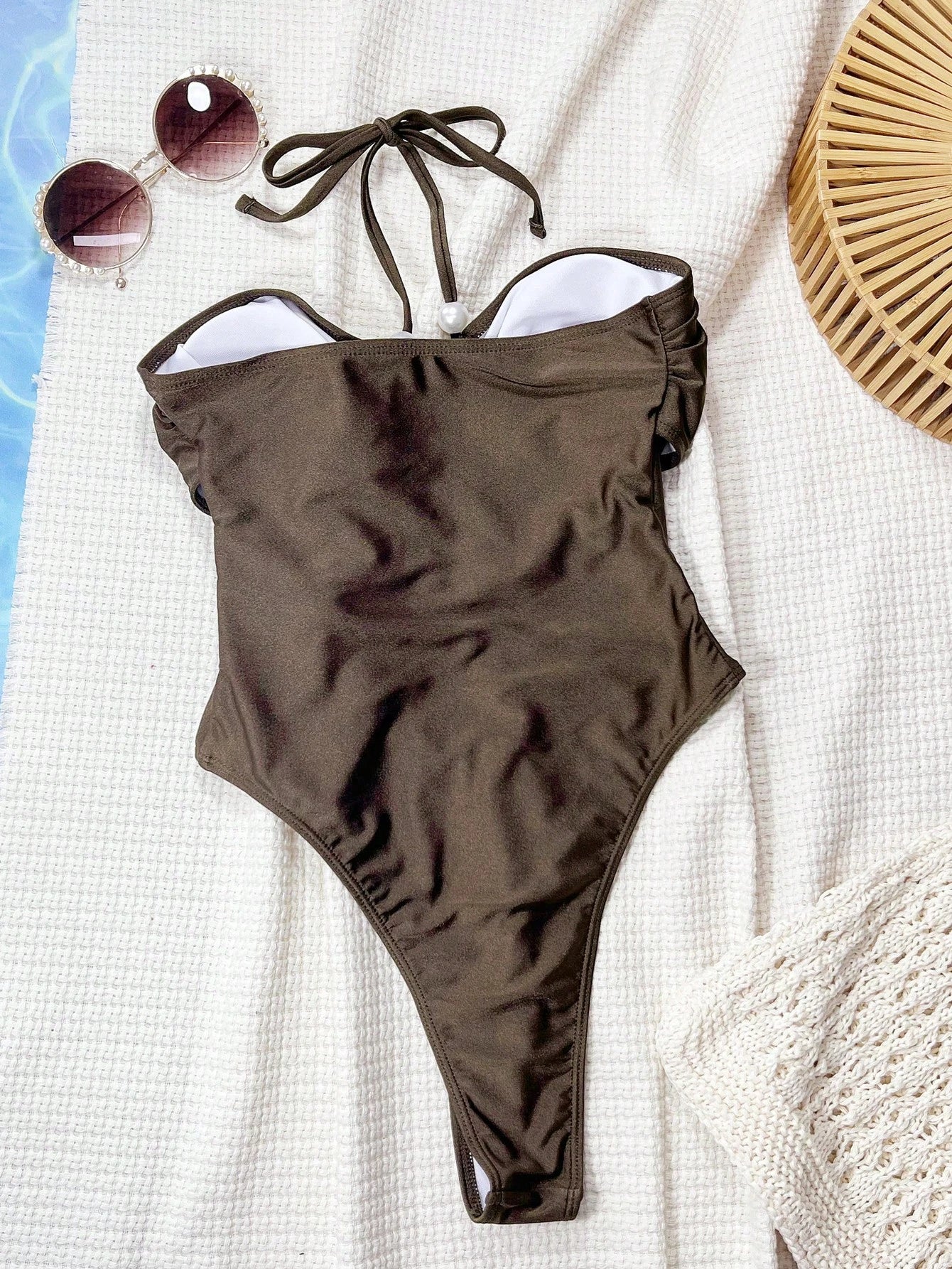 Swim Vcay Brown Shiny Fabric Criss-Cross Drawstring Hollow-Out Sexy Backless One-Piece Swimsuit For Women For Summer Beach Vacation