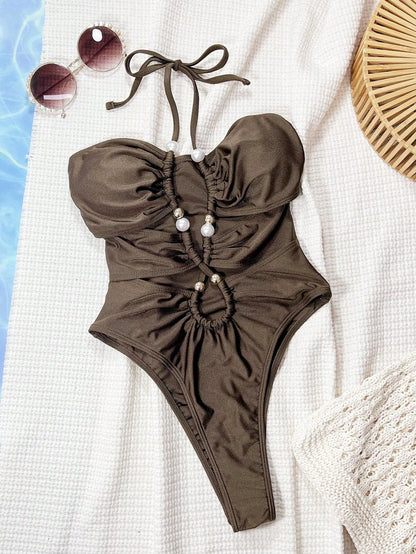 Swim Vcay Brown Shiny Fabric Criss-Cross Drawstring Hollow-Out Sexy Backless One-Piece Swimsuit For Women For Summer Beach Vacation