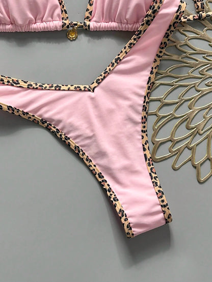 Swim Vcay Fabric Halter Bikini Set For Women Geometric Pattern High Cut Bottom Tie Back
