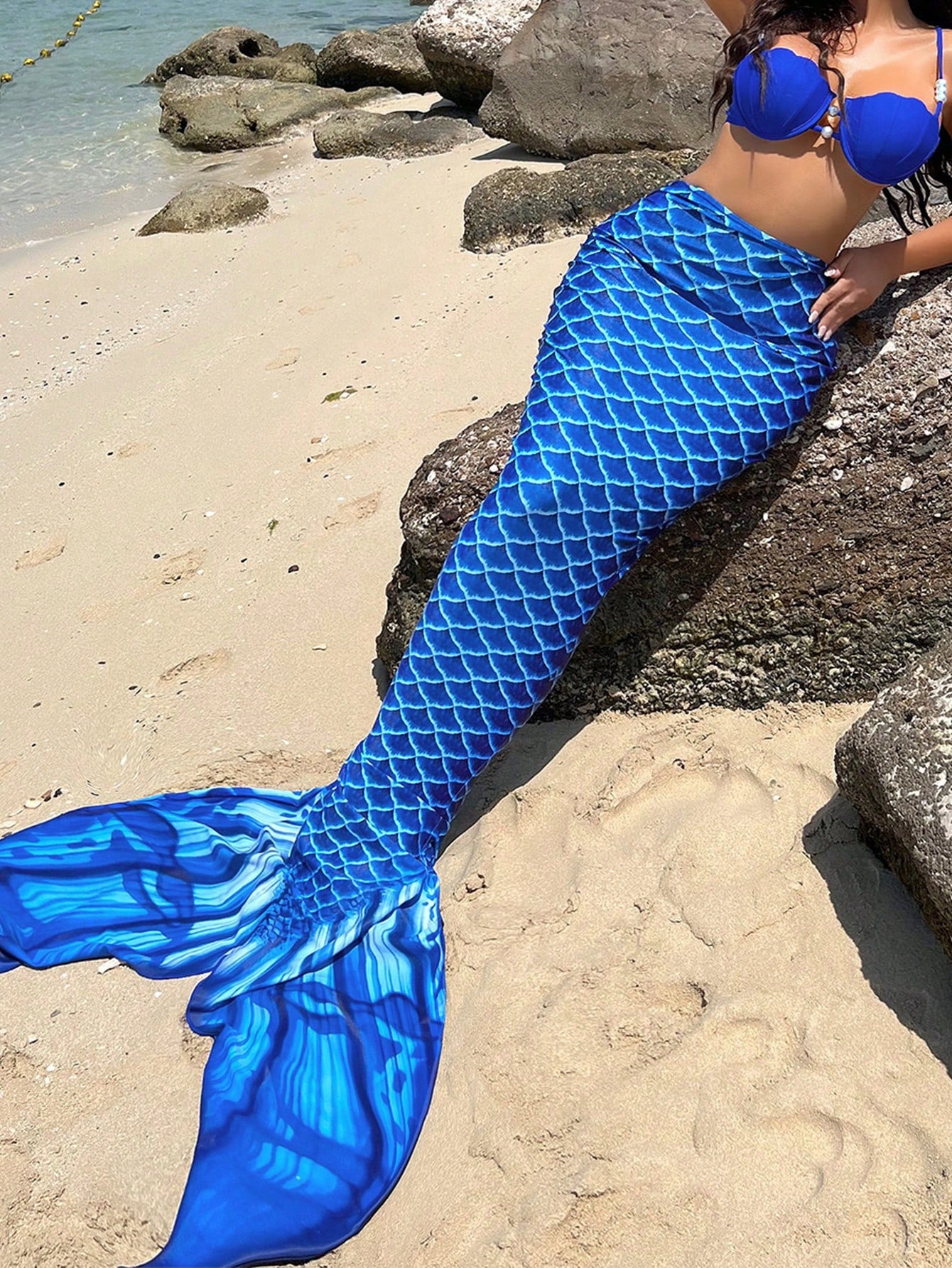 Swim Vcay Fish Scales Print Mermaid Tail Skirt,Summer Beach