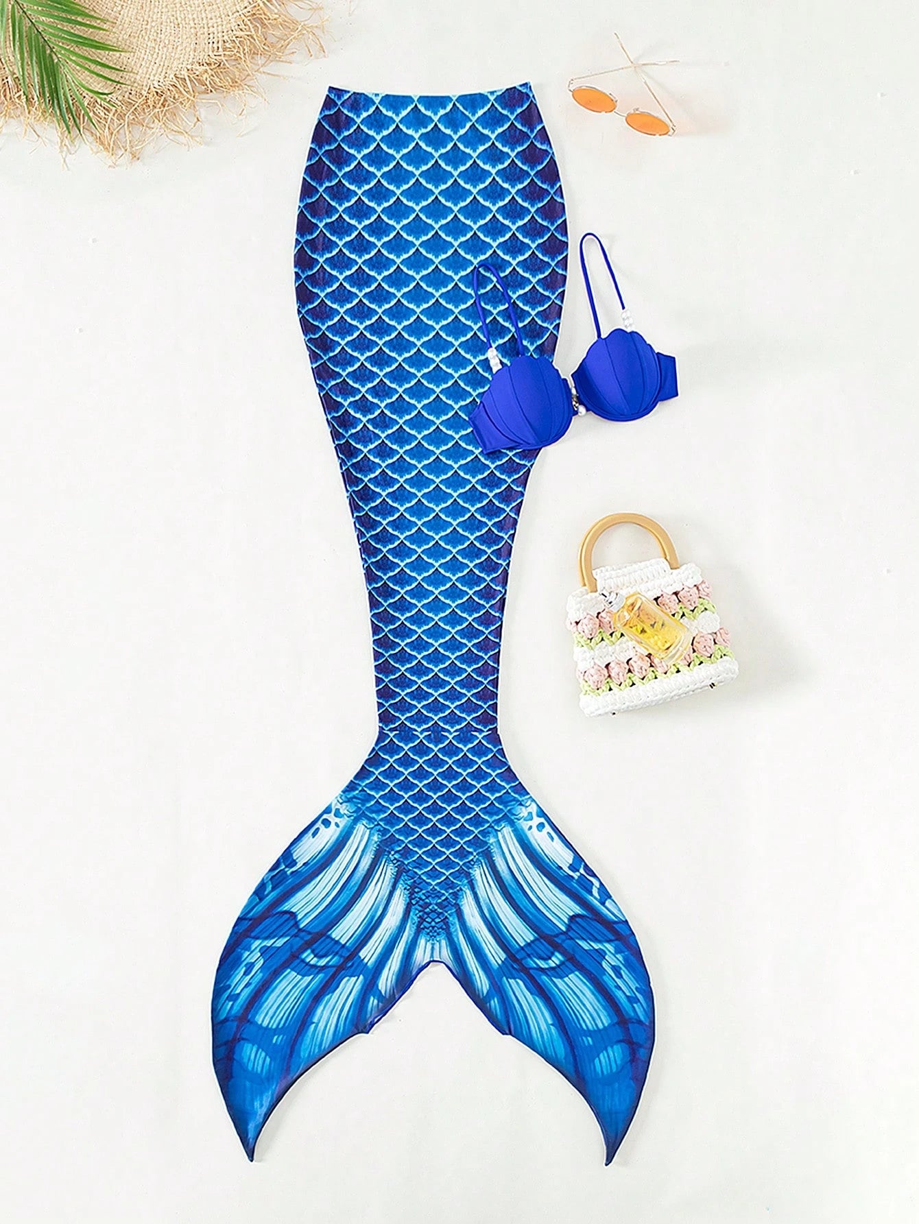 Swim Vcay Fish Scales Print Mermaid Tail Skirt,Summer Beach