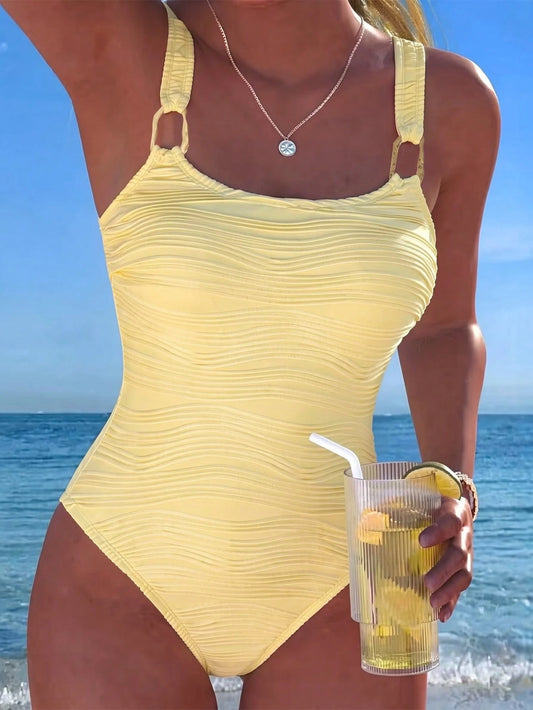 Swim Vcay French Vintage Minimalist Sexy Style Women's Cream-Colored One-Piece Swimsuit With 3D Vertical Ribbed Texture Fabric, Deep Brown Contrast Color, High-End Shell Embroidery Design, U-Neck, Bac