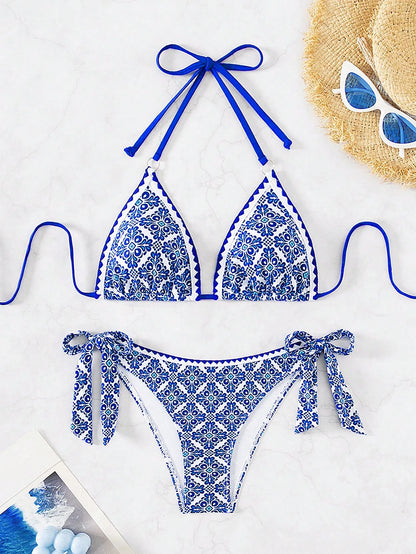 Swim Vcay Halter Neck Bikini Set With Printed Pattern, Suitable For Summer Beach & Pool