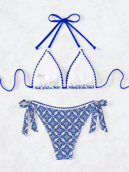 Swim Vcay Halter Neck Bikini Set With Printed Pattern, Suitable For Summer Beach & Pool