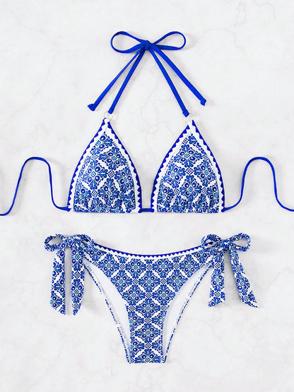 Swim Vcay Halter Neck Bikini Set With Printed Pattern, Suitable For Summer Beach & Pool