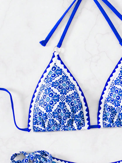 Swim Vcay Halter Neck Bikini Set With Printed Pattern, Suitable For Summer Beach & Pool