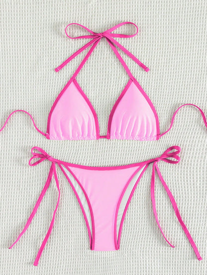 Swim Vcay Ladies Sexy Colorblock Halter Neck Tie Bikini Set For Vacation,Summer Beach