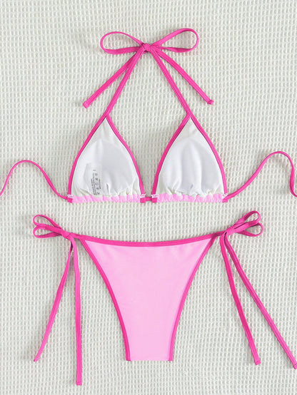 Swim Vcay Ladies Sexy Colorblock Halter Neck Tie Bikini Set For Vacation,Summer Beach