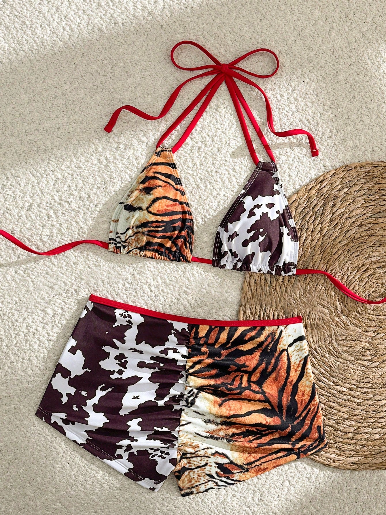 Swim Vcay Leopard & Cow Print Patchwork Halter Triangle Top Ruched High-Waisted Shorts Bikini Set,Black And White,Summer,Casual,Beach,Holiday,Vacation,Holiday