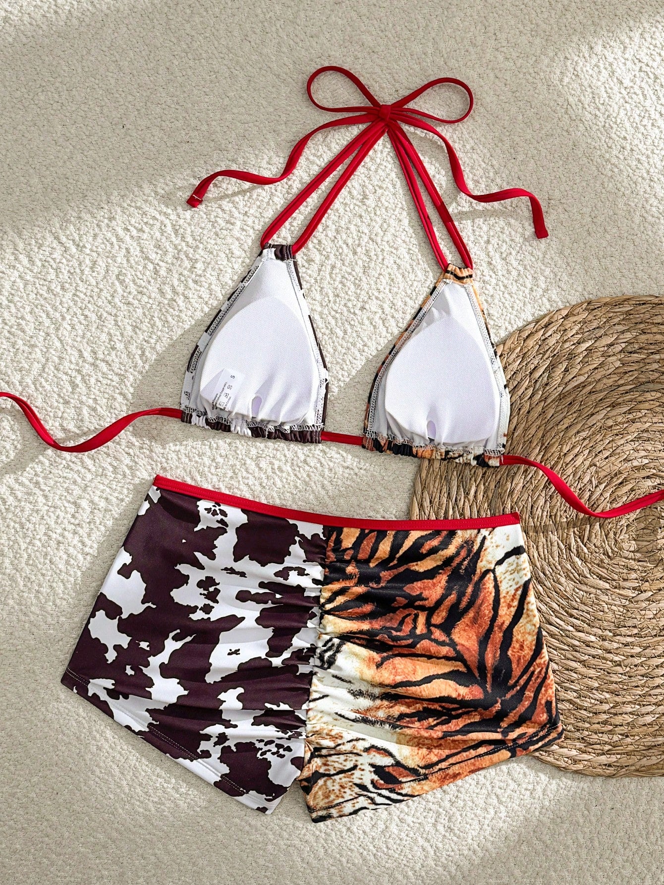 Swim Vcay Leopard & Cow Print Patchwork Halter Triangle Top Ruched High-Waisted Shorts Bikini Set,Black And White,Summer,Casual,Beach,Holiday,Vacation,Holiday