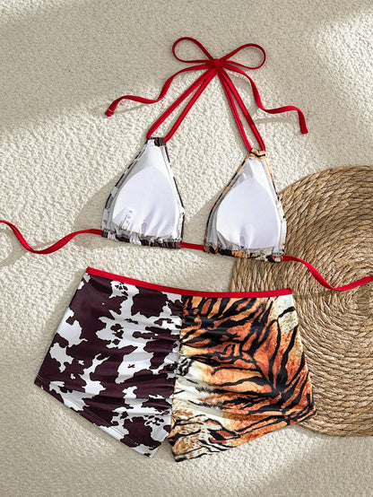 Swim Vcay Leopard & Cow Print Patchwork Halter Triangle Top Ruched High-Waisted Shorts Bikini Set,Black And White,Summer,Casual,Beach,Holiday,Vacation,Holiday