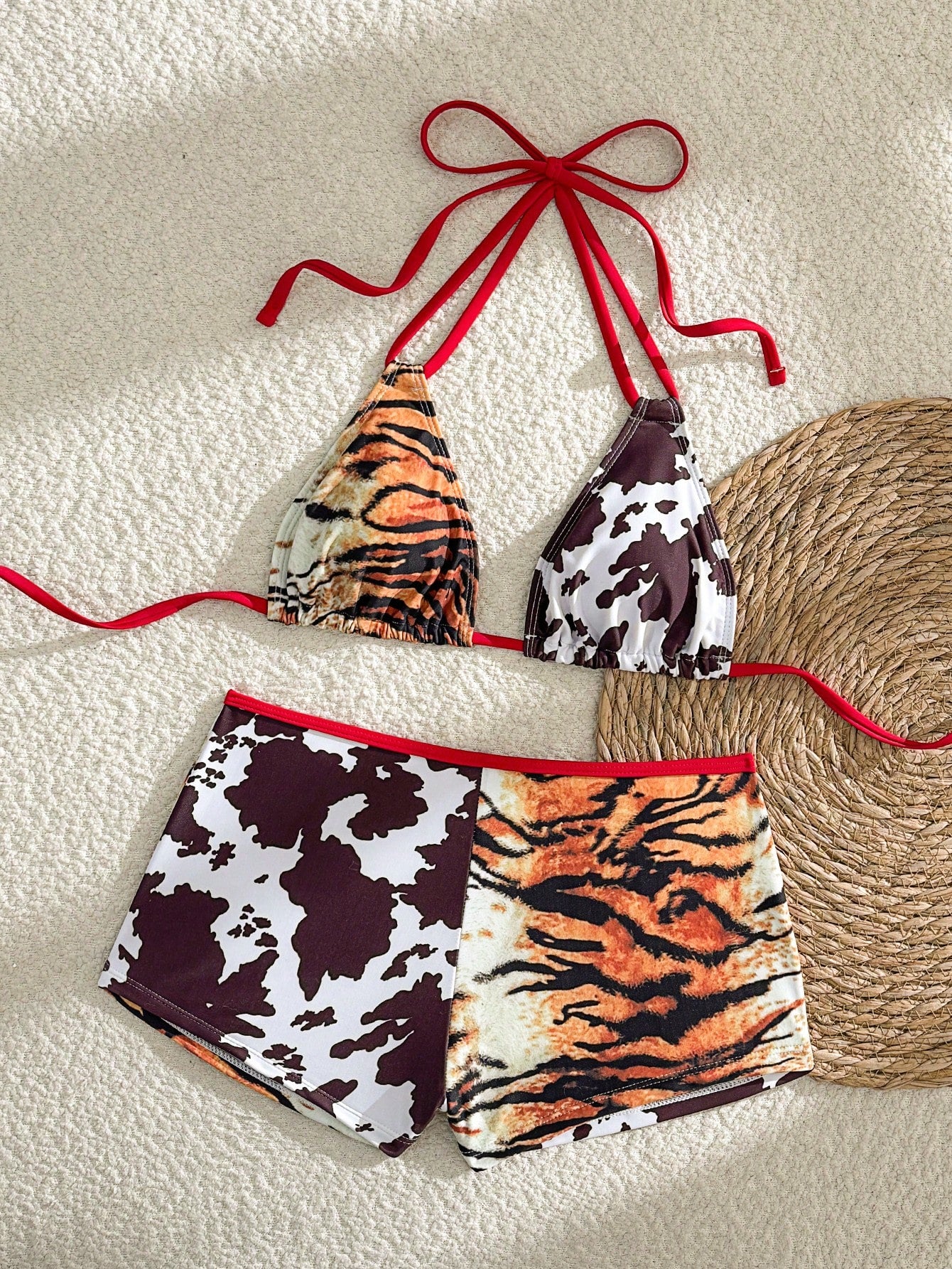 Swim Vcay Leopard & Cow Print Patchwork Halter Triangle Top Ruched High-Waisted Shorts Bikini Set,Black And White,Summer,Casual,Beach,Holiday,Vacation,Holiday