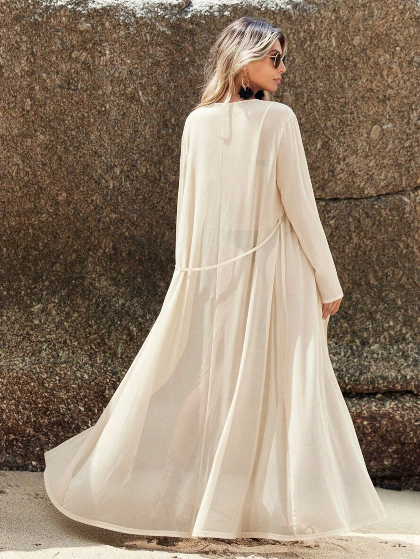 Swim Vcay Loose Fit Solid Color Belted Long Sleeve Kimono Cover Up