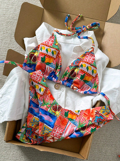 Swim Vcay Multicolor Tropical Halter Bikini Set With High Cut Bottom For Women