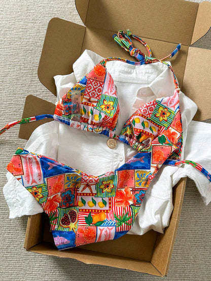 Swim Vcay Multicolor Tropical Halter Bikini Set With High Cut Bottom For Women