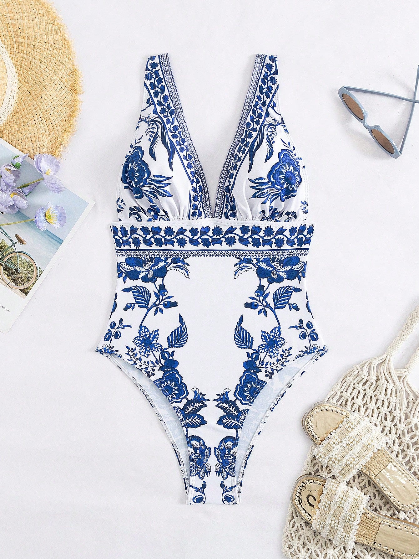 Swim Vcay New Deep V-Neck Backless Fitted Printed Swimsuit, Stylish For Summer