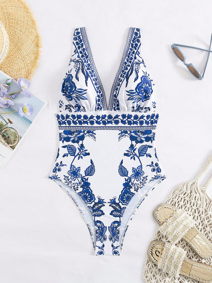 Swim Vcay New Deep V-Neck Backless Fitted Printed Swimsuit, Stylish For Summer