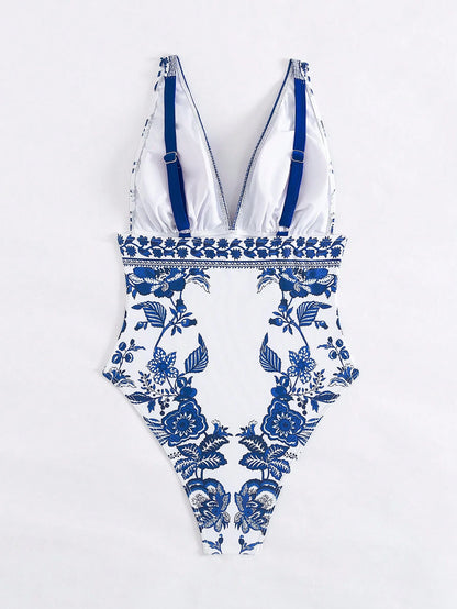 Swim Vcay New Deep V-Neck Backless Fitted Printed Swimsuit, Stylish For Summer