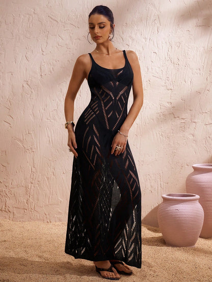 Swim Vcay New Solid Black European & American Holiday Beach Cover Up Dress, Hollow Hook Design Boho Swimsuit Cover-Up Dress For Summer Beach Vacation