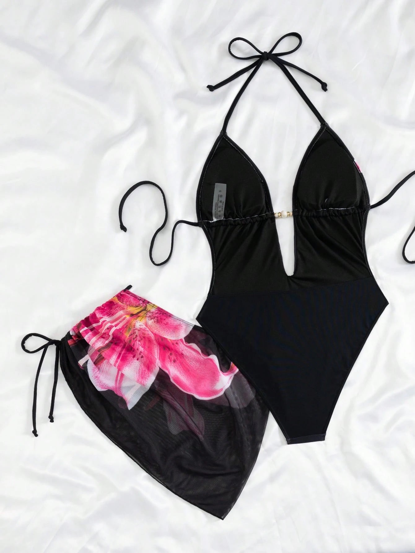 Swim Vcay New Spring/Summer Women's Sexy Casual Vacation Beach One-Piece Swimsuit With Halter Neck Tie, Floral Print Black Beachwear 2-Piece Swimsuit Set