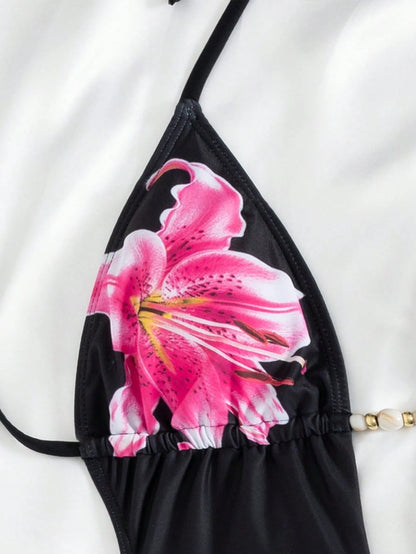Swim Vcay New Spring/Summer Women's Sexy Casual Vacation Beach One-Piece Swimsuit With Halter Neck Tie, Floral Print Black Beachwear 2-Piece Swimsuit Set