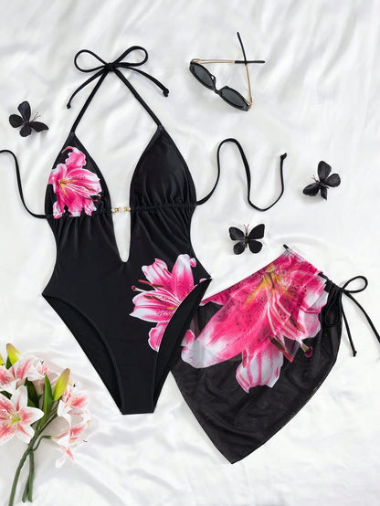 Swim Vcay New Spring/Summer Women's Sexy Casual Vacation Beach One-Piece Swimsuit With Halter Neck Tie, Floral Print Black Beachwear 2-Piece Swimsuit Set
