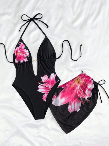 Swim Vcay New Spring/Summer Women's Sexy Casual Vacation Beach One-Piece Swimsuit With Halter Neck Tie, Floral Print Black Beachwear 2-Piece Swimsuit Set