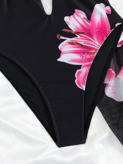 Swim Vcay New Spring/Summer Women's Sexy Casual Vacation Beach One-Piece Swimsuit With Halter Neck Tie, Floral Print Black Beachwear 2-Piece Swimsuit Set